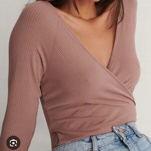 Dynamite Ribbed Wrap Blouse - Dusty Rose